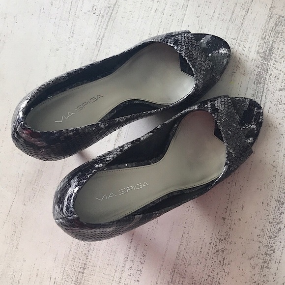VIA SPIGA ‘Embry’ Snakeskin Embossed Leather Peep Toe Silver/Black Heels, 7 - Picture 7 of 9